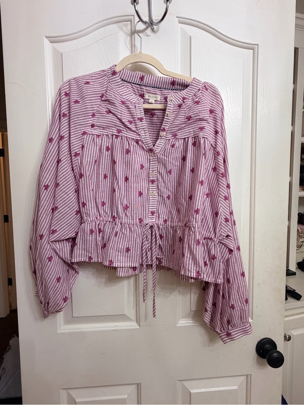 Pilcro Pink & White Striped Drawstring Peasant Blouse